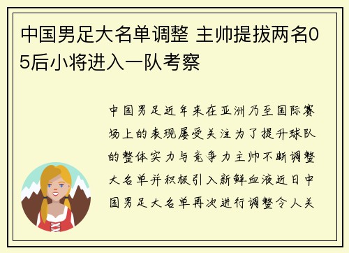 中国男足大名单调整 主帅提拔两名05后小将进入一队考察