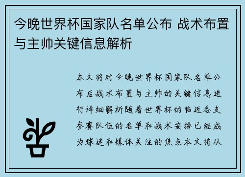 今晚世界杯国家队名单公布 战术布置与主帅关键信息解析